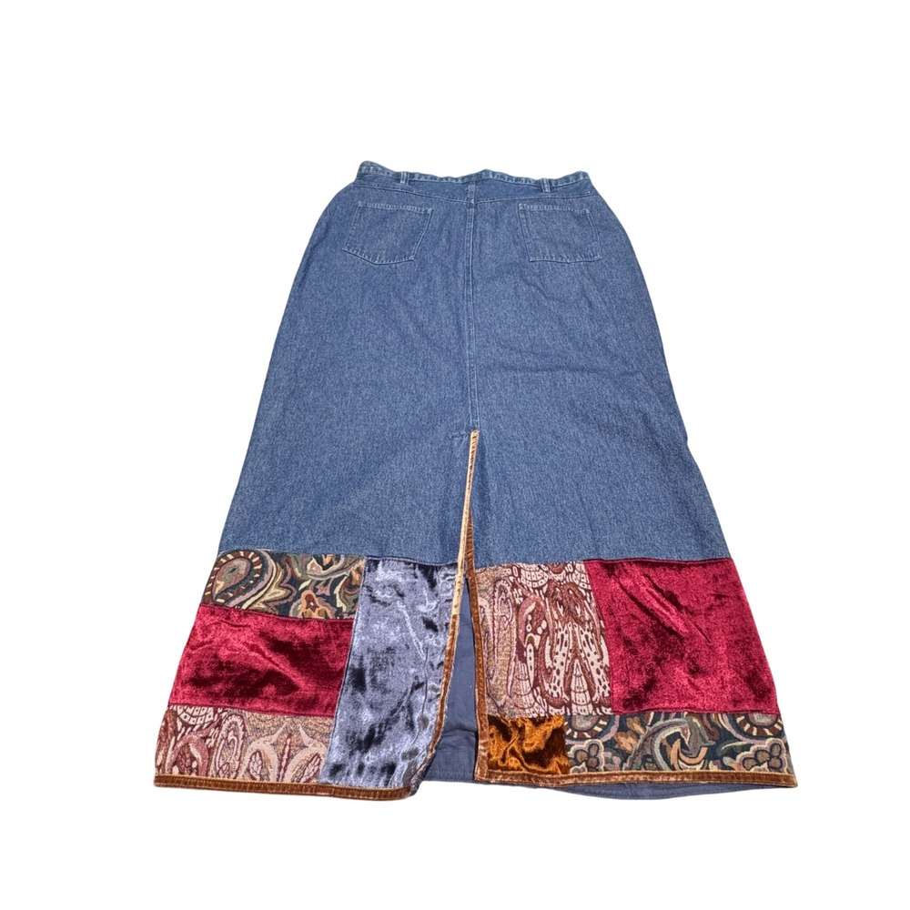 VTG Ruby Rd Denim Maxi Skirt Women Size 12 Patchwork Velvet Boho Whimsigoth - Picture 9 of 11